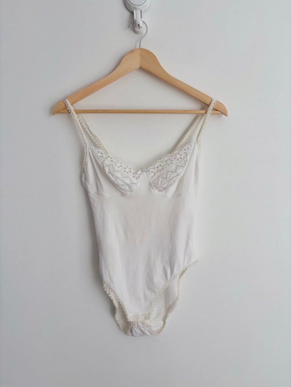 Vintage Dainty White Eyelet Lace Bow Cotton Blend Bodysuit S